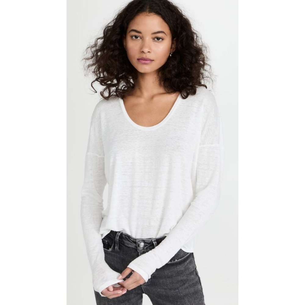 FRAME Organic Linen Scoop Neck Knit Long Sleeve Tee White Size Large Blanc